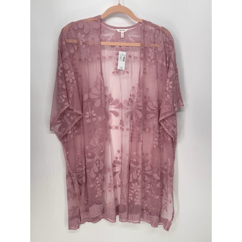 Maurices Kimono Women One Size Pink NWT Embroidered Lace Sheer Floral Boho Wrap